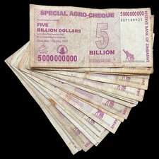 20x Zimbabwe $5 Billion Special Agro Cheque Banknote Check *Heavily Circulated*