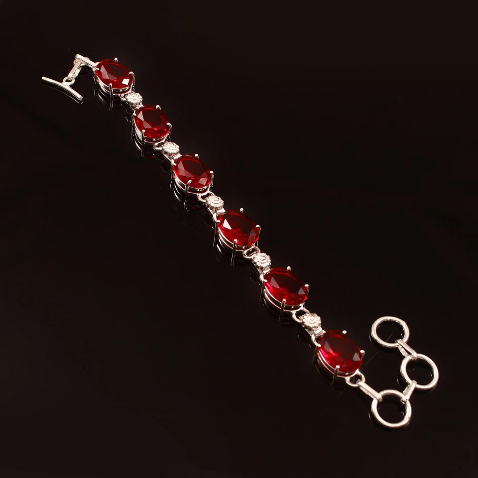 Pulseira ajustável folheada a prata pedra preciosa quartzo granada vermelha 7-9" - Imagem 2 de 3