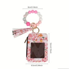 Wristlet Keychain And Wallet Floral Rhinestone With Card Holder Zipper Tassel