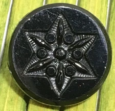 Antique Jet Black Glass Button Star Design with Lacy Relief Tunnel Shank 1/2"