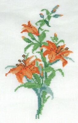Set 2 VTG Completed Cross Stitch Orange Tiger Lilies & Red Lilies