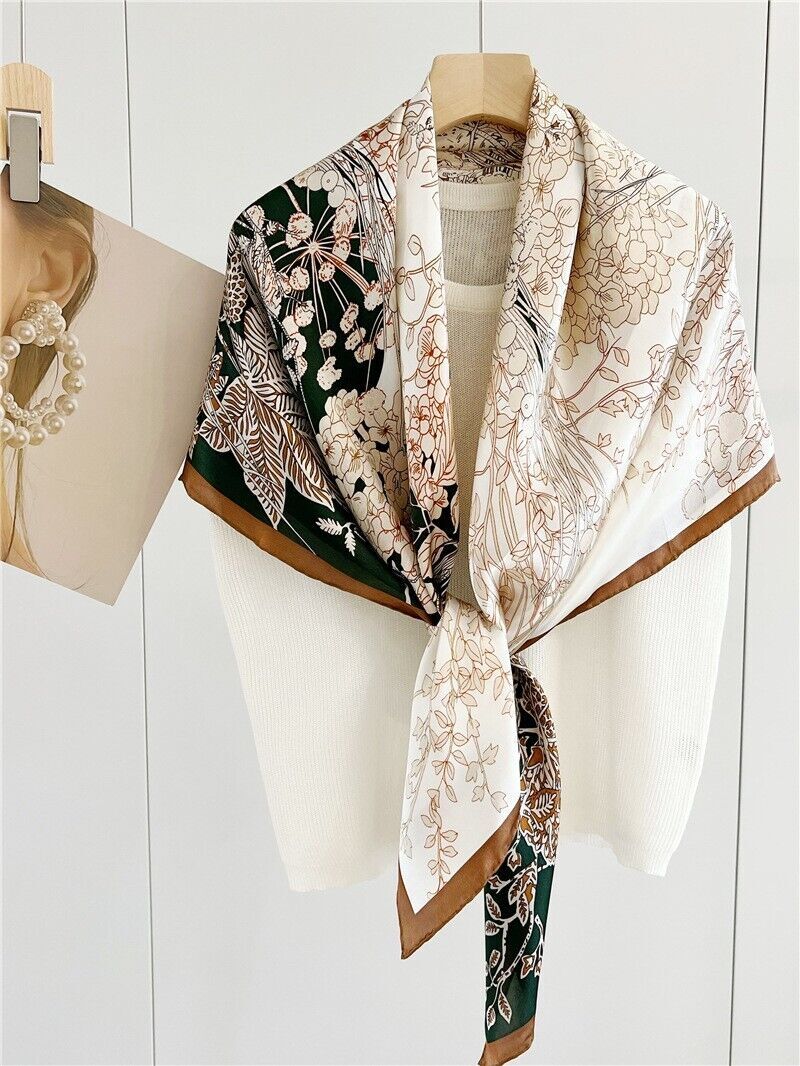 Flowers Print Pure Mulberry Satin Silk Scarf Kerchief Square Shawl