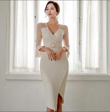 Womens Fashion V Neck Mesh Bell Sleeves Hip Package Irregular Pencil Dress 5435 