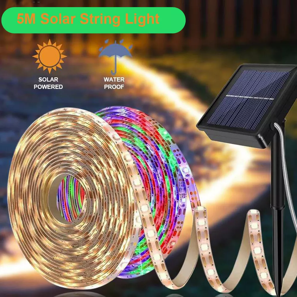 5M Solar Power Flexible LED Strip Lights 8 Modes IP65 Waterproof