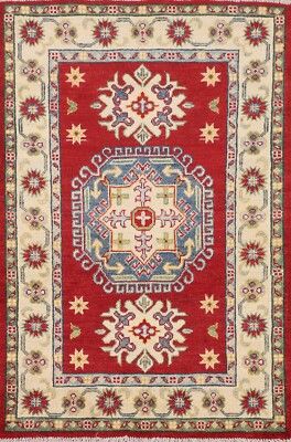Geometric Super Kazak Red/ Ivory Oriental Accent Rug Wool Hand-knotted Rug 3'x4'