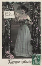 CP HAPPY YEAR WOMAN BLOUSE WITH PINK FLOWERS SIGN GOOD SOUVENIR