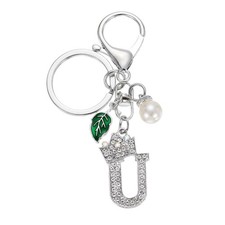Bling Crown Initial Letter Keychain for Women Letter A-Z Key Chain Silver-U