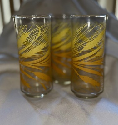 Vintage Libby Yellow Wheat Highball Glasses Set of 3 Mid Century Modern 160z
