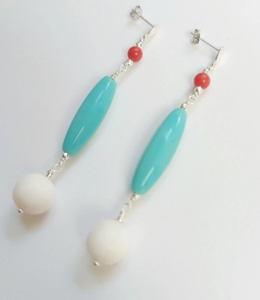 Orecchini pendenti in argento 925 con corallo bambu, pasta di turchese ematite - Immagine 3 di 4