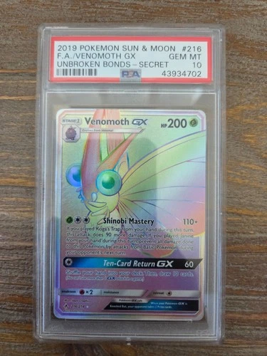 2019 POKEMON SUN & MOON UNBROKEN BONDS FA/VENOMOTH GX#216 SECRET PSA 10