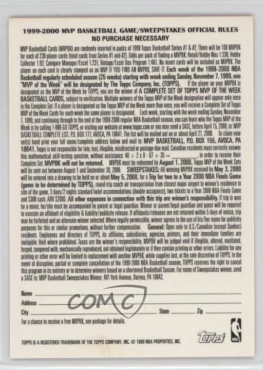 1999-00 Topps Redemption Contest MVP Promoción/100 Steve Smith Foto 2 de 2