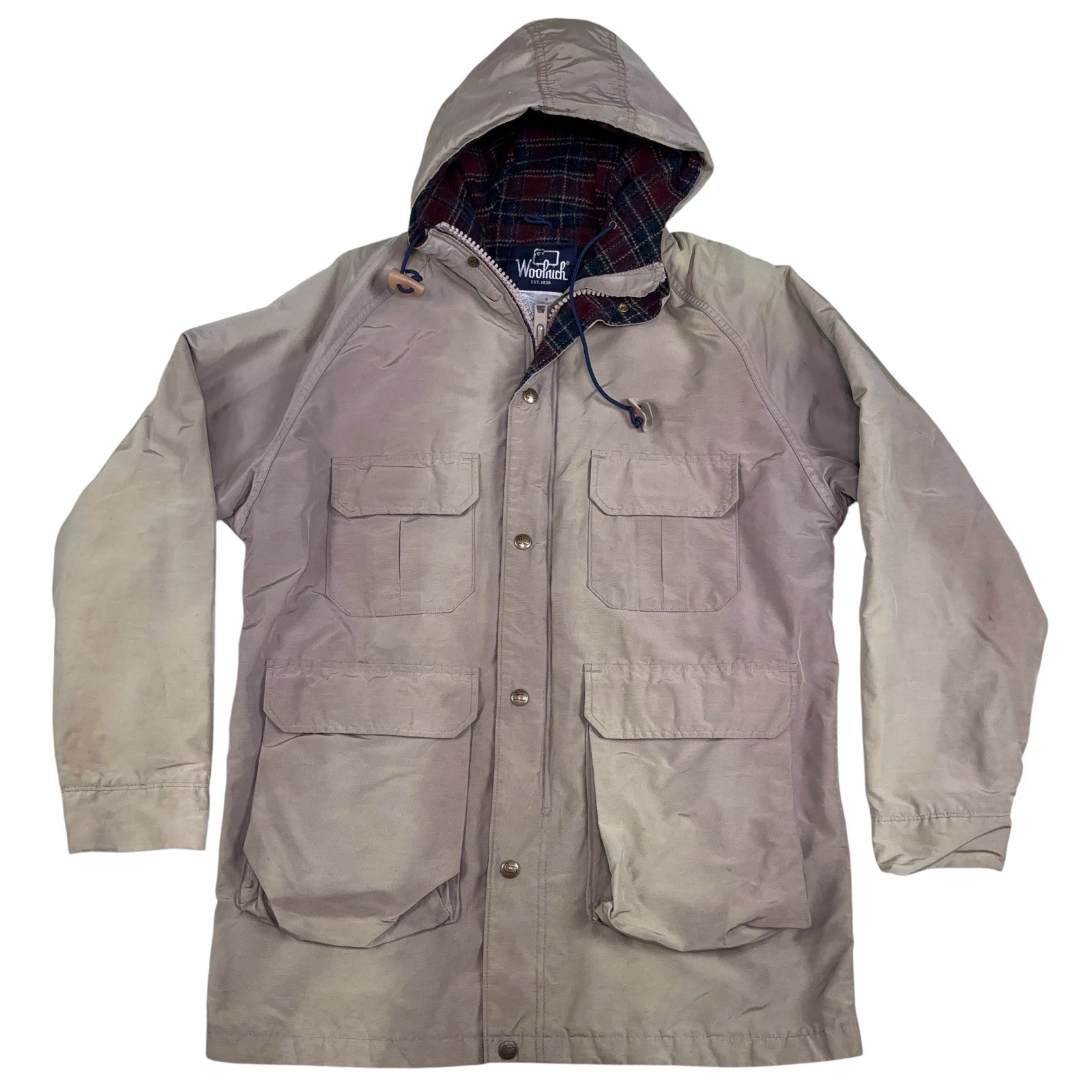 VTG 70s 80s Woolrich Hooded Jacket Mens M Rain Parka Chore Plaid Wool Lined USA