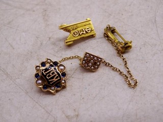 Antique Gold Sorority Fraternal Lapel Pin Set Kappa Beta Gamma Pearl Vintage Old