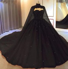 Black Ball Gown Gothic Wedding Dress With Cape Beaded Tulle Bridal Gowns Corset