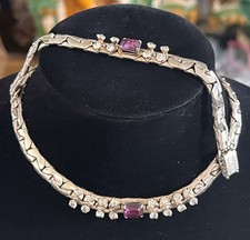 Vintage Silver Tone Choker Necklace And Matching Bracelet With Rhinestones
