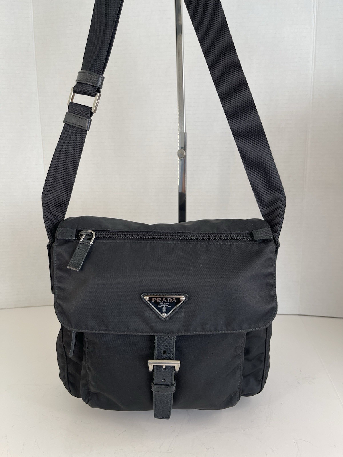 Prada Black Nylon Crossbody Bag with Logo Plaque