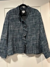 Chico s size 2/Large Women s Turquoise/Black/White Tweed Ruffle Blazer Jacket