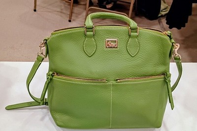 Dooney & Bourke Green Brown Satchel Top Handle Bag Silver Hardware Zip