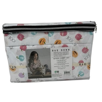 Rae Dunn By Enchante Pastel Halloween Pumpkins Queen Size Bed Sheets Set NEW