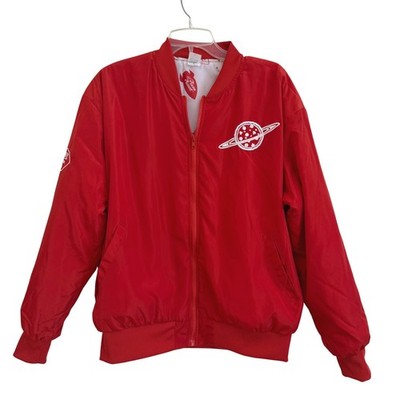 Disney Pixar Toy Story Pizza Planet Bomber Jacket Red Lined Mens M EUC Movie