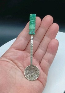 Vintage Alpaca Mexico Silver Spoon Aztec Mayan Carved Green Stone Souvenir 4"