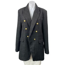 Jason Wu Women's Black Long Sleeves Tweed Double Breasted Blazer Coat Jacket L