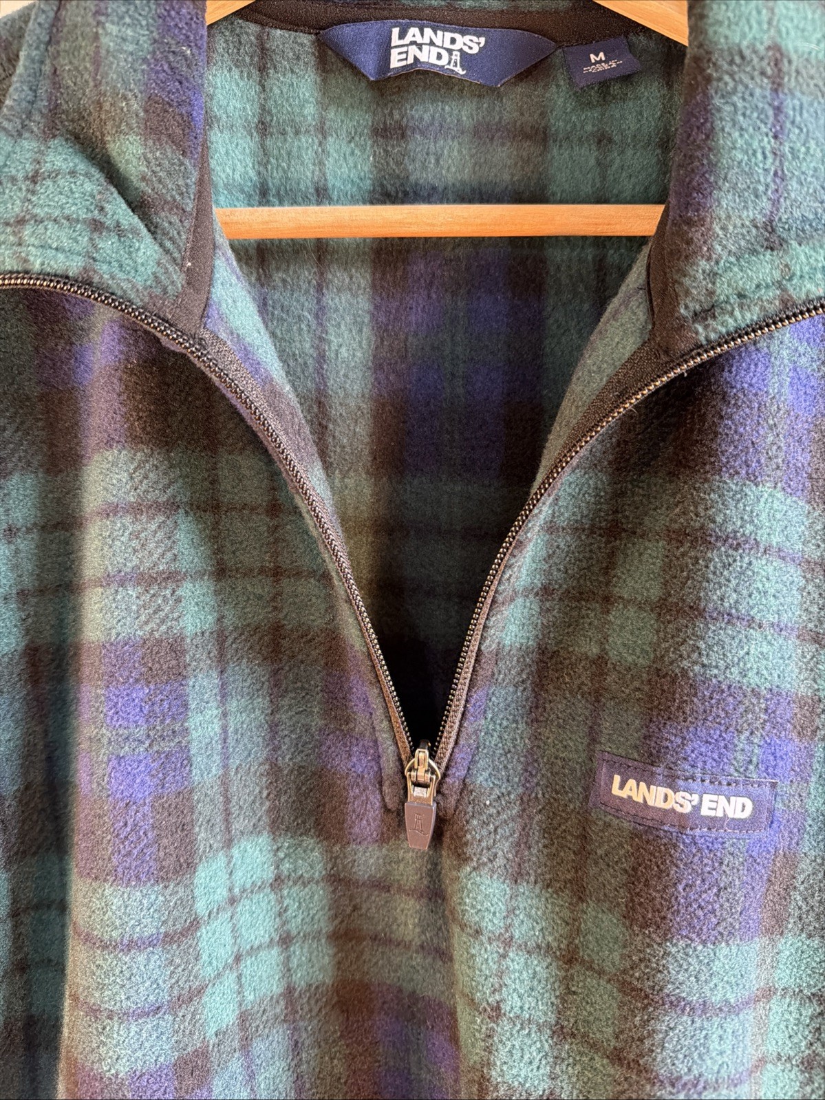 Lands End Fleece Quarter Zip Women’s Medium Green Blue Watch Plaid Pullover image 5