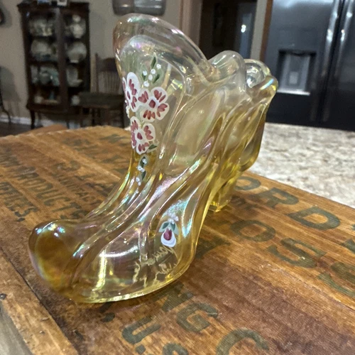 Fenton Gold Iridescent Legend of the Secret Slippers Hand painted & Signed Label