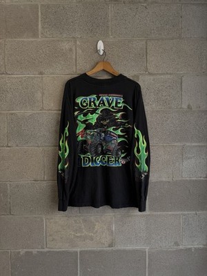 Vintage 90s Dennis Anderson Grave Digger Flame Longsleeve Monster Truck Tee XL