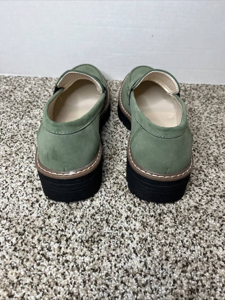 Penny Loafers Womens 38 US 7.5 Green Suede Chunky Platform Slip On Casual Shoes - Image 4 of 4