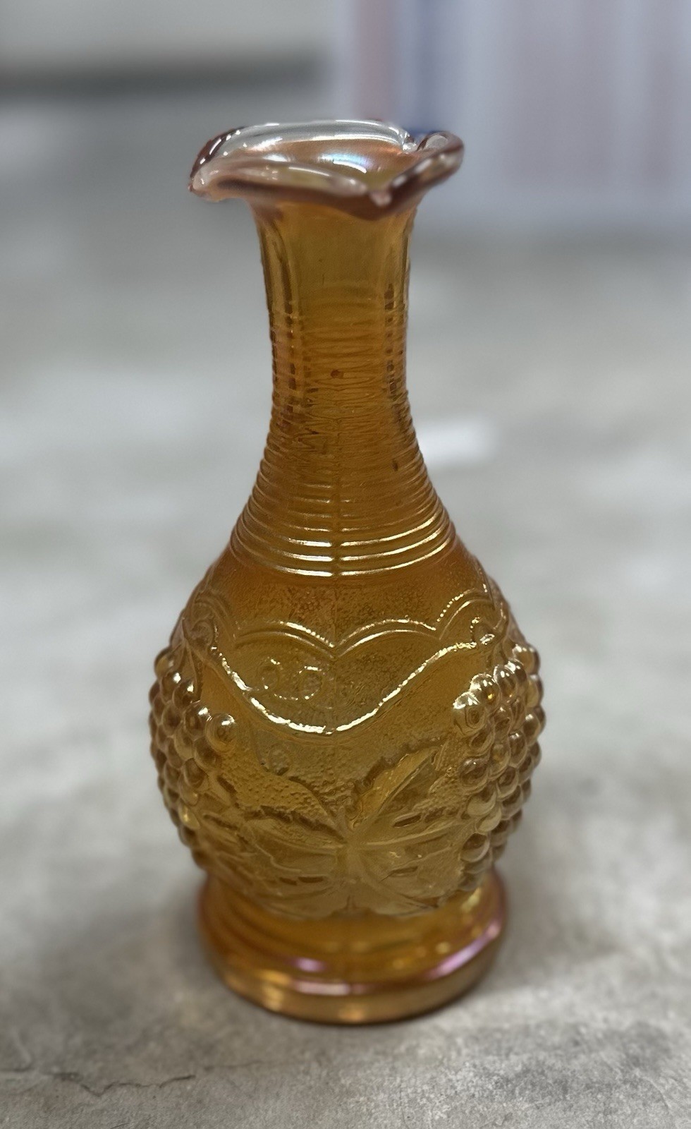 Imperial Glass Vase/Decanter Grapes W/  Leaves Marigold Carnival Glass 6”