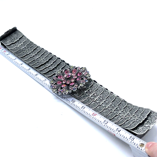 Womens Silver Scale Metal Belt Pink Rhinestone Buckle Stretch Waistband Hip L XL - Picture 6 of 10