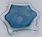 Vtg Art Glass Bowl Handmade Clear & Turquoise MCM 9" Unique Heavy 