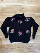 Vintage 90s Cross Stitch Floral Cowl Neck Sweater Knit Black Pink Cottagecore L