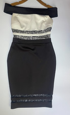 Lipsy Bodycon Bardot Dress Size 10 Womens Black White Lace Off Shoulder Fitted