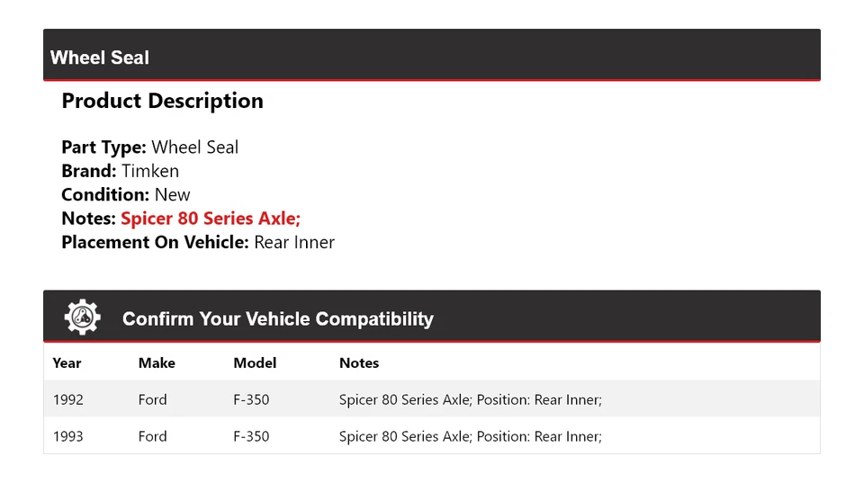 Sello de rueda interior trasero Timken para Ford F-350 1992-1993 Foto 2 de 3