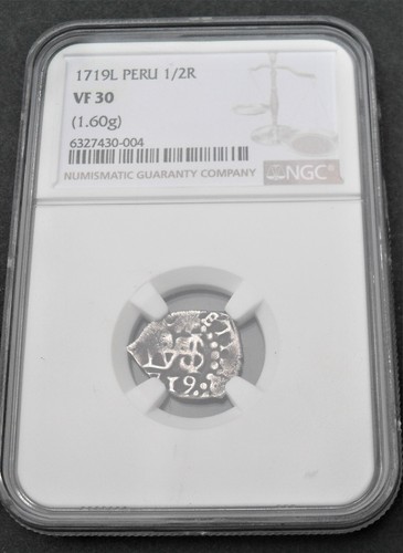 1719 L Peru 1/2 Real cob , NGC VF 30 , nice silver coin # 1102