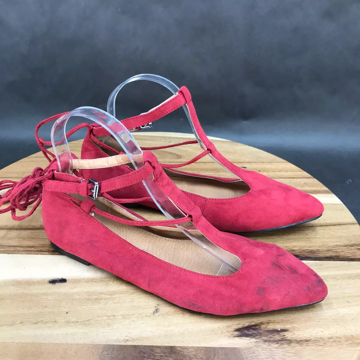 Yoki Red Strappy Lace Up Flats Shoes Womens Size 8 W