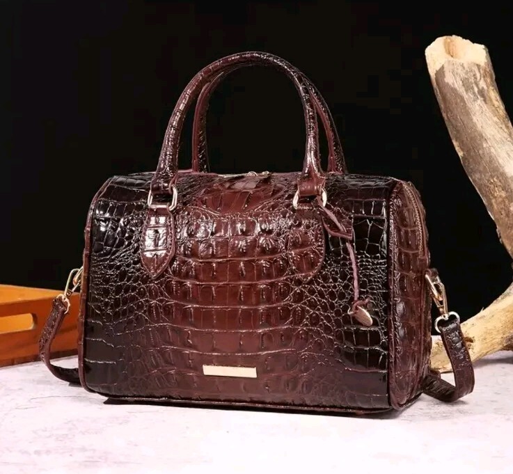 Designer Luxury Zip Top Handle Purse Croc Print Brown PU Leather Handbag Bag 2
