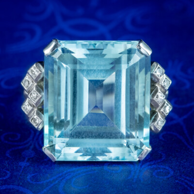 ART DECO AQUAMARINE DIAMOND COCKTAIL RING 25CT AQUA UK