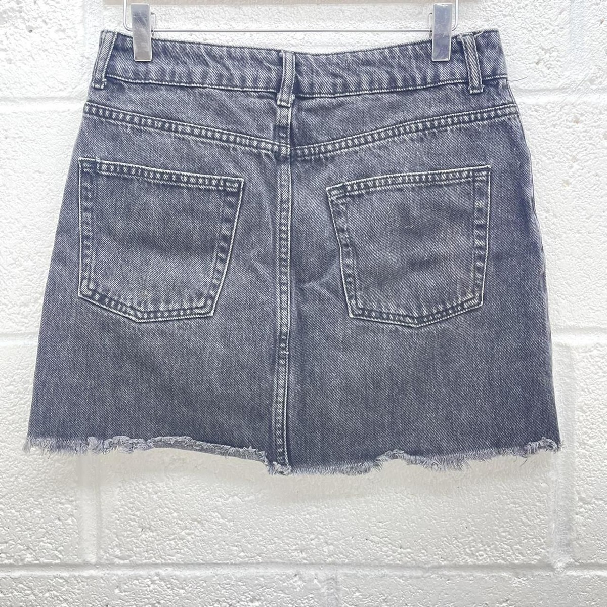 TOPSHOP DARK GREY DENIM MINI SKIRT HIGH WAIST RAW FRILL HEM DISTRESSED Y2K  UK 10