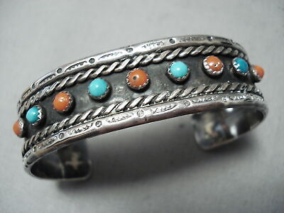 Snake Eyes Turquoise Coral Vintage Native American Navajo Sterling Silver Bracelet Cuff Old Snake Eyes Turquoise Coral Vintage Native American Navajo Sterling Silver Bracelet Cuff Old