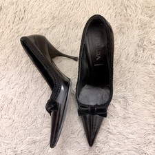 Prada Black Leather Pointed Toe Heels Stiletto Bow Pumps Made in Italy 34.5