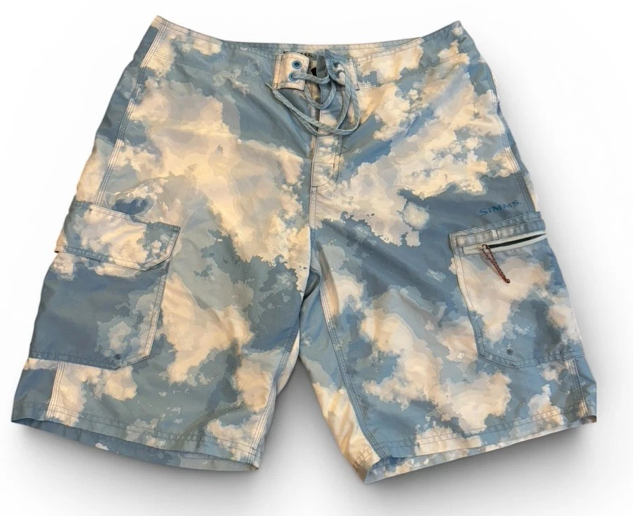 Simms SolarFlex Cargo Shorts Blue Cloud Pattern Quick Dry L Fishing