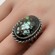 VTG Signed MC Native American Sterling Silver Turquoise Sz-7.25 Ring 13.7g rew