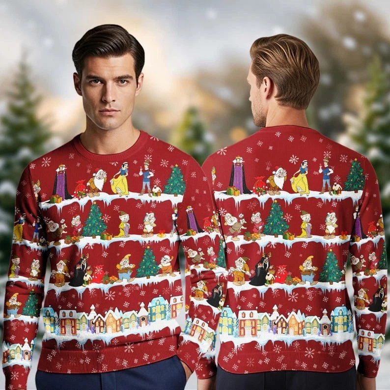 Snow White Christmas 3D Ugly Sweater, Snow White Princess And Seven Dwarfs Group