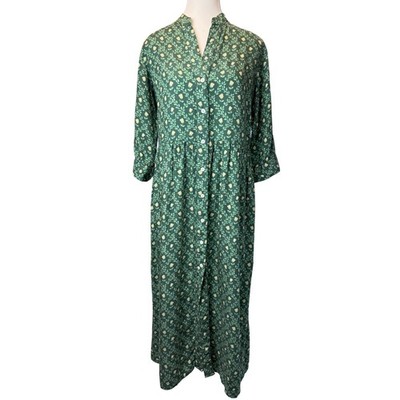 Beau & Ro Med Green Floral Lyocell Maxi Shirtdress Button Front Roll Tab Sleeve