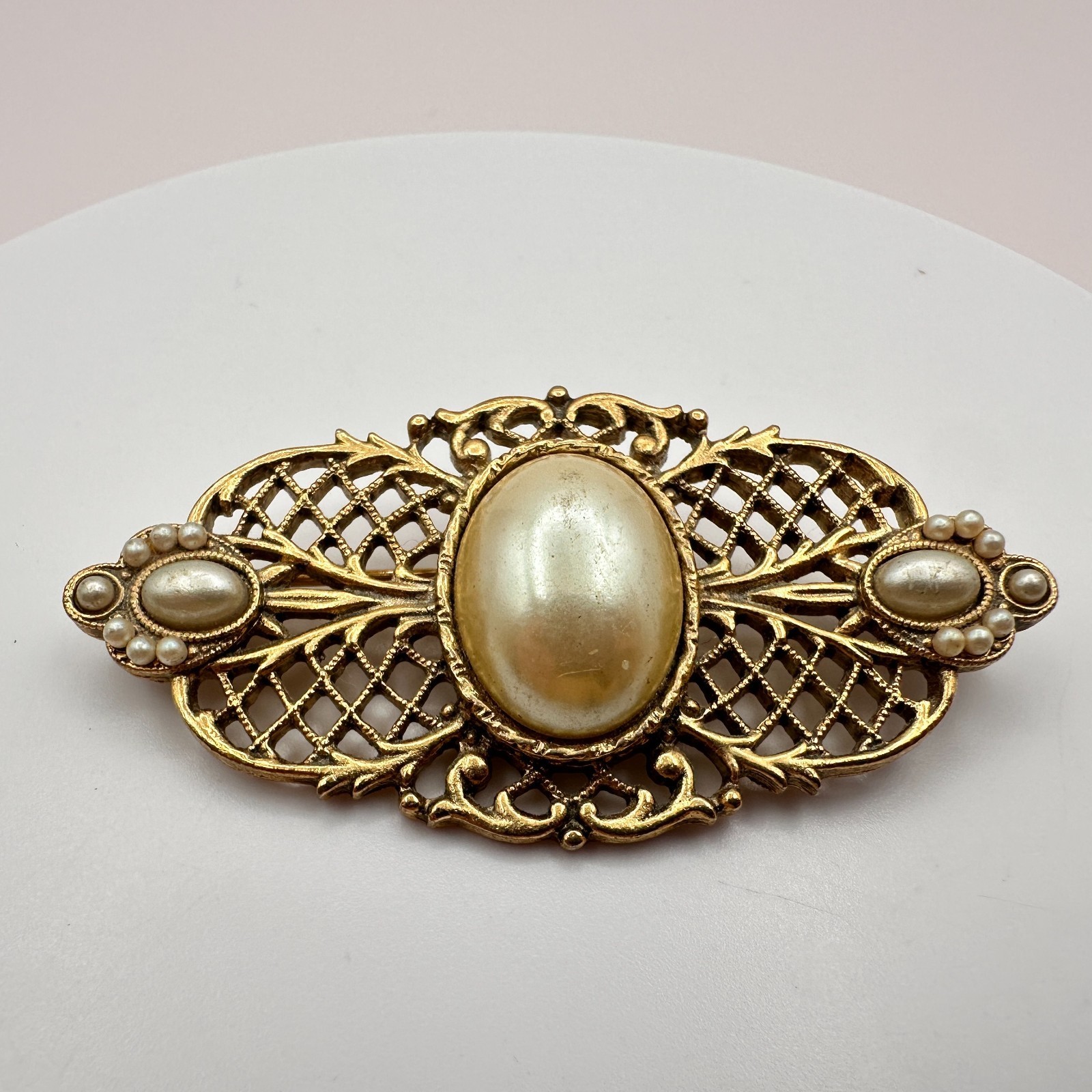 Vintage 90s Gold Tone Filigree Faux Pearl Brooch Pin Victorian Retro Jewelry