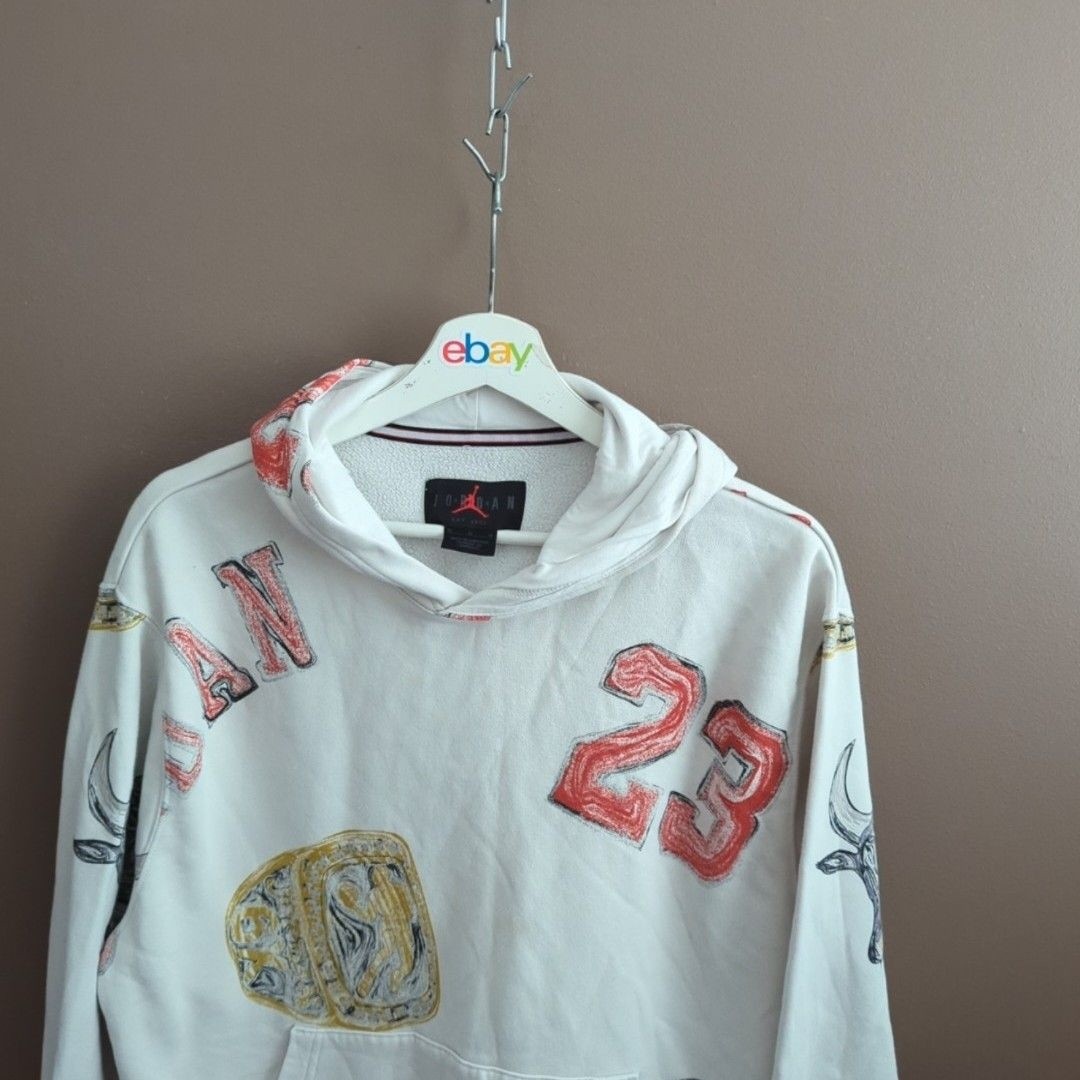 Jordan Hoodie Mens Medium White Pullover Fleece 23 Ring Graphic Logo Sweatshirt image 2