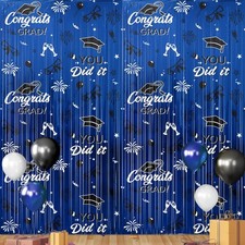 2025 Graduation Foil Fringe Curtains 2 Pack 3.2 6.5 ft Blue Black Graduation ...
